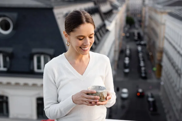 Cheerful Woman White Pullover Holding Clay Cup Tea Outdoors —  Fotos de Stock