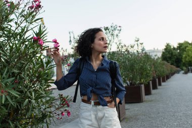 curly young woman with backpack touching flower and standing with hand in pocket on street in berlin