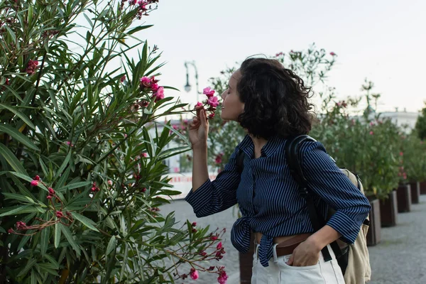 curly tourist with backpack smelling flower and standing with hand in pocket on street in berlin