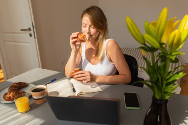 Freelancer 'ın elinde kruvasan ve evde içecekleri var. 