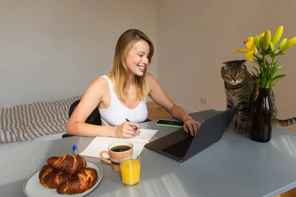 Mujer Rubia Sonriente Usando Portátil Cerca Del Desayuno Gato Pliegue — Foto de Stock