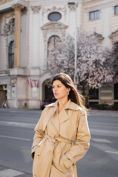 Hübsche Frau im eleganten Mantel steht auf der Straße in Wien — Stockfoto