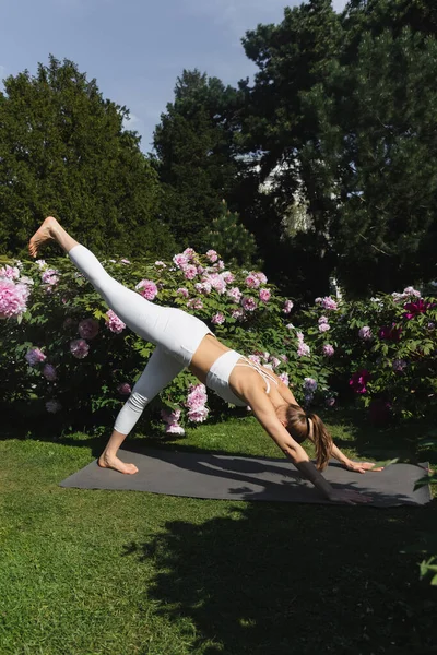 Sportive woman practicing downward-facing dog pose with raised leg on yoga mat in park - foto de stock