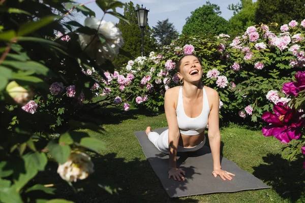 Lachende Frau mit geschlossenen Augen übt Kobra-Pose auf Yogamatte in der Nähe blühender Pflanzen — Stockfoto