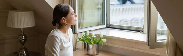 Verträumte Frau, die aus dem Fenster in die Nähe frischer Tulpen blickt, Banner — Stockfoto