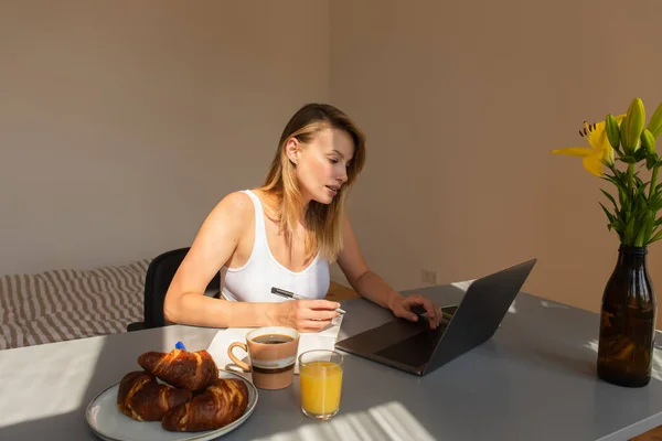 Junge Freiberuflerin mit Laptop und Notizbuch beim Frühstück mit Getränken zu Hause — Stockfoto