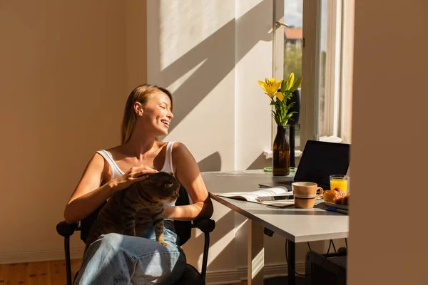 Femme gaie tenant un chat écossais près des gadgets et du petit déjeuner à la maison — Photo de stock