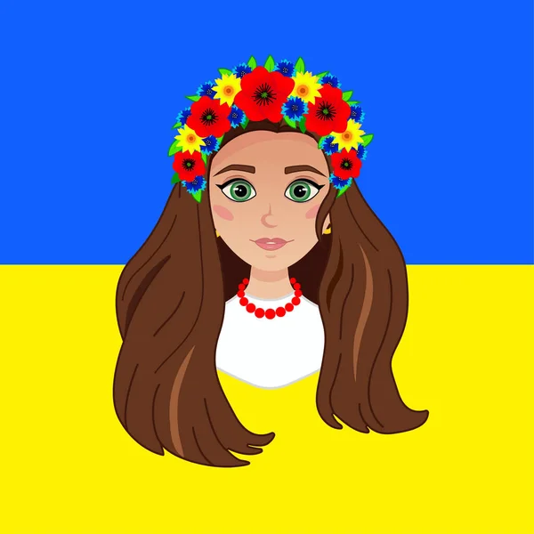 Porträtt Ukrainsk Flicka Mot Bakgrund Ukrainas Flagga Platt Vektor Illustration — Stock vektor