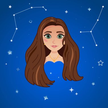 Yıldızlı arka planda güzel bir kızın portresi. Büyük yeşil gözlü bir kız. Açık tenli, sarışın, kahverengi uzun saçlı. Yıldızlı gökyüzü, Yengeç takımyıldızı ve Koç burcu. Yıldızlar.