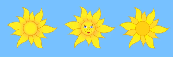 Set Cute Sunny Flat Vector Illustrations Smiling Sun Sunbeams Cartoon — Image vectorielle