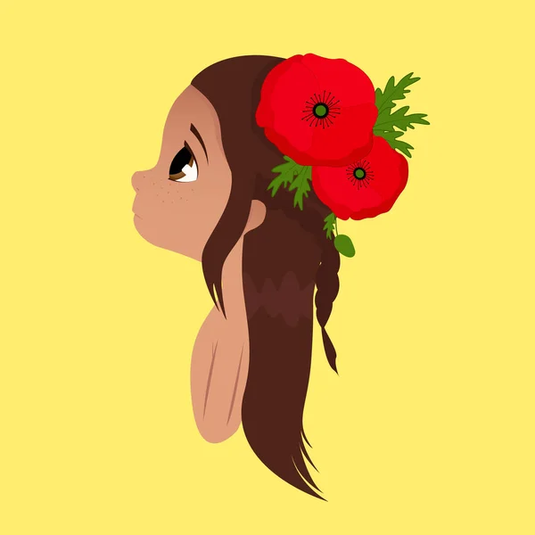 Little Girl Brown Hair Flower Her Hair Big Eyes Profile — Image vectorielle