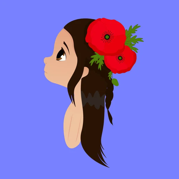 Little Girl Dark Hair Brunette Flower Her Hair Big Eyes — Image vectorielle