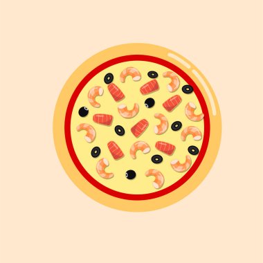 Deniz mahsullü pizza. Çizgi film tarzında düz vektör çizimi. Reklam için. Pizza üst görünümü