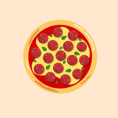 Pepperoni pizza vektör çizimi. Çizgi film çizimi. Yemek pişirmek. fast food. Pizzanın üst görüntüsü.
