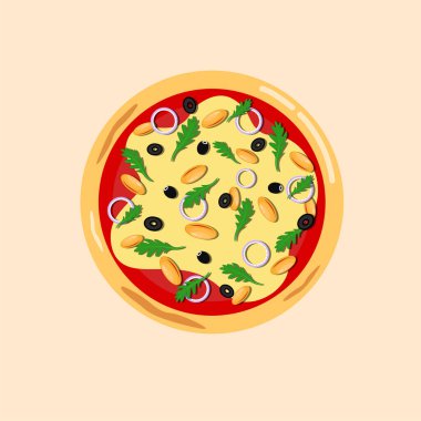 Deniz mahsullü ve çıtır çıtır pizza. Lezzetli fast food. Kafe veya pizzacı menüsü için düz vektör ögesi