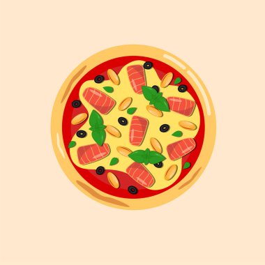 Deniz mahsullü ve çıtır çıtır pizza. Düz vektör illüstrasyonu