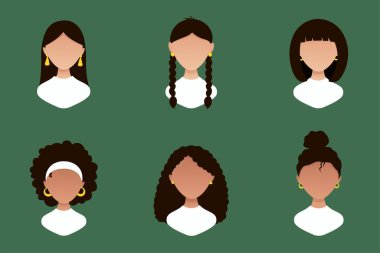 Avatars of brunettes with different hairstyles. Girl with different hair. Portrait. Isolated illustration in modern cartoon style for graphic design and animation pack