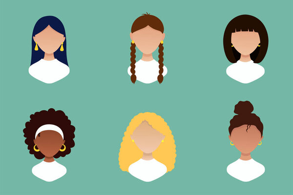 Набор из шести молодых женщин разных рас мультяшных женских персонажей