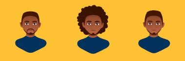 Farklı saç stilleri olan genç Afro-Amerikalı. Sarı arka planda düz vektör çizimi.