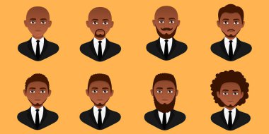 Bir grup Afro-Amerikan erkek düz renkli avatarlarla iş yapıyor. Farklı saç stilleri ve sakalı olan takım elbiseli Afro-Amerikan..