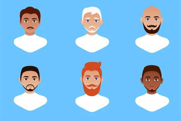 Bir Çift Erkek Avatarları Farklı Milletlerden Beyaz Tişörtlü Adamlar Düz — Stok Vektör