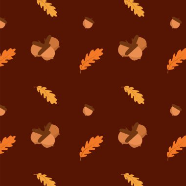 Sonbahar deseni. Sonbahar meşe yaprakları ve meşe palamudu ile kusursuz bir arka plan. Mevsimsel geometrik dokuları ayarla. Düz dizaynlı renkli çizgi film çizimi. Soyut duvar kağıdı. Düz vektör illüstrasyonu