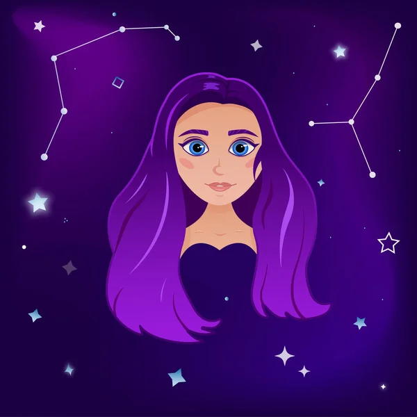 Avatar Girl Long Purple Hair Space Background Zodiac Signs Cancer — Stock Vector