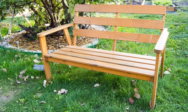 Close Empty Wooden Bench Garden Lawn Background Trees — Stock Photo, Image