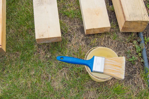 Preparation Painting New Wooden Boards Lying Grass Paint Brush Bucket — Stock Photo, Image