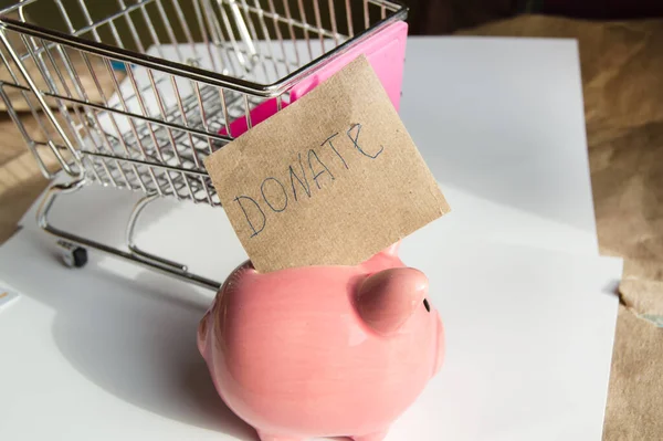 The concept of giving Tuesday and reasonable savings on purchases, a cute piggy bank and shopping cart, on a white background and a paper template with the inscription DONATE.