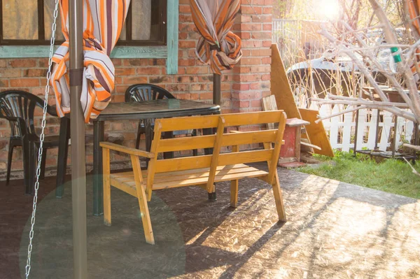 Beautiful Recreation Area Family Country House Tent Bench Table Background — Stock Photo, Image