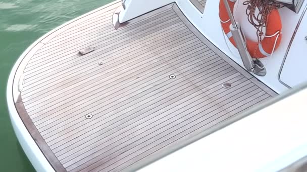 Video Top View Wooden Deck Luxury Yacht Background Sea Close — Stock Video