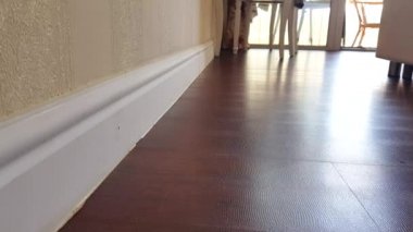 4K video, orta yaşlı bir kadın duş aldıktan sonra ayaklarını beyaz havluya koyuyor, yetişkin bir kadının güzel bacakları. Sabah duşu, evde banyo, spa tedavisi.