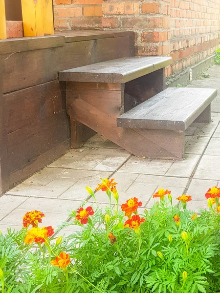 Close Brown Wooden Porch Steps Red Brick Wall Rustic Country — 图库照片