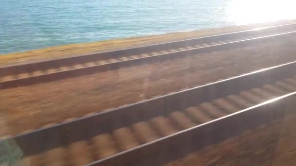 Video View Train Window Rails Seashore First Person Train Ride — Vídeos de Stock