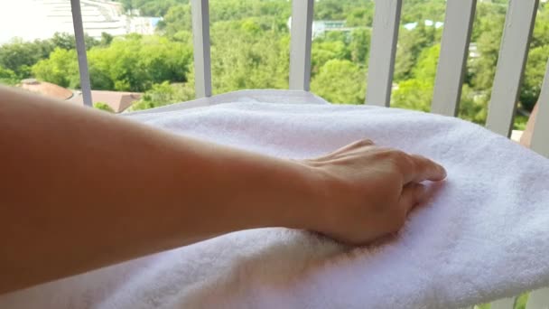 Video Close Woman Hand Touching Soft White Terry Towel Balcony — Stockvideo