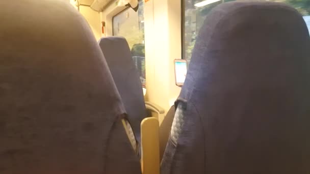 Video Image Interior Train Traveling Person Open Smartphone Screen — Stockvideo