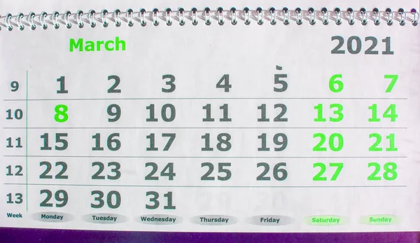 Kalender Für März 2021 Wandkalender Aus Papier Draufsicht — Stockfoto