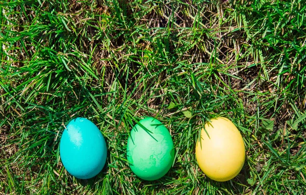 Top View Three Multicolored Easter Eggs Lined Background Grass Flat — Stock Photo, Image