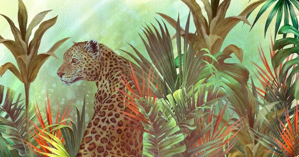 Леопард Тропических Растений Художественный Рисунок Пастельном Стиле Фото Обои Интерьере Стоковое Изображение