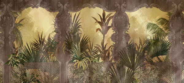 Винтажные Тропики Текстурированном Фоне Листьев Выглядывают Балкона Фото Обои — стоковое фото