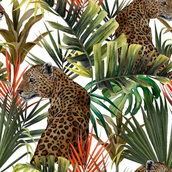 Леопардовый Узор Тропических Листьях Картинка Собирается Четырех Сторон Рисунок Использования Стоковая Картинка