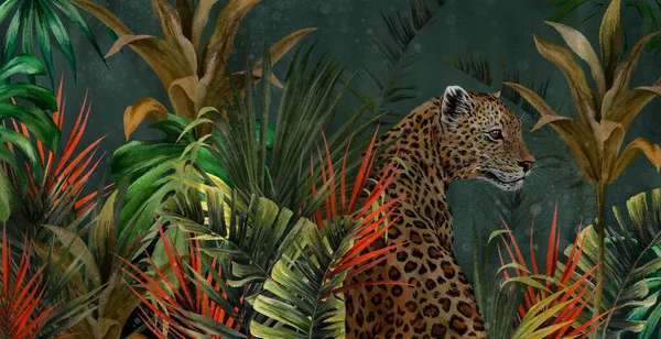 Дикая Кошка Тропических Листьях Тёмные Текстурные Обои Фона Стоковая Картинка