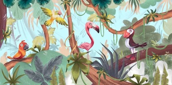 Тропические Птицы Листьях Лианах Художественный Рисунок Пастельном Стиле Фото Обои Стоковое Фото