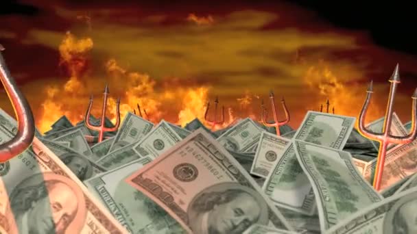 100 Dolarlık Banknotların Üzerinde Yavaşça Süzülüyorlar Şeytanın Tırmıkları Yukarı Aşağı — Stok video
