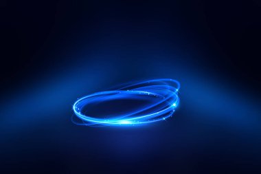 Neon ışıklar ve flaşın güzel renkli ışık efekti. Uçan tasarım elementlerine sahip arka plan. Mavi arkaplan