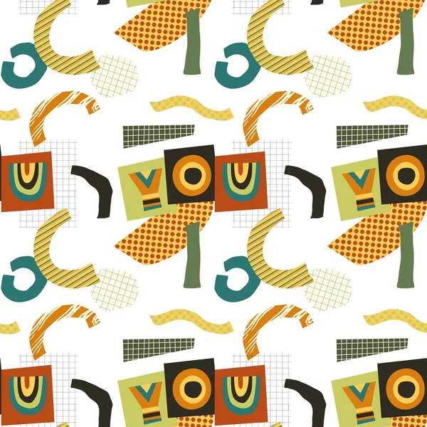 Kesik geometrik kağıt formlu kusursuz soyut desen. Çizgiler, şekiller, yazı ve eğrilerle geometrik soyut desen. Kusursuz, soyut bir arkaplan. Moda dokusu, tekstil.