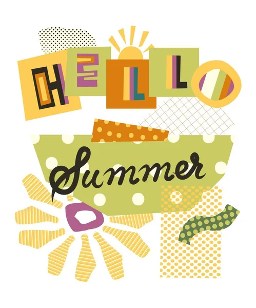 Merhaba yaz posteri. Kolaj kesme harfleri ve formları. Merhaba Summer tipografi tasarımı vektör illüstrasyonu. Kağıt kesim biçimli modern Merhaba Yaz metin tasarımı