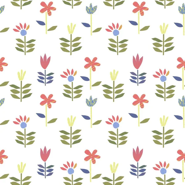 Abstract cutout collage floral seamless pattern in folk style with ornamental summer flowers. Abstract geometric forms flowers ornament