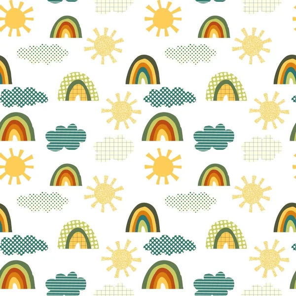 Childish abstract seamless pattern with sun, clouds and rainbows. Collage cut out elements. Patterns for kids textile